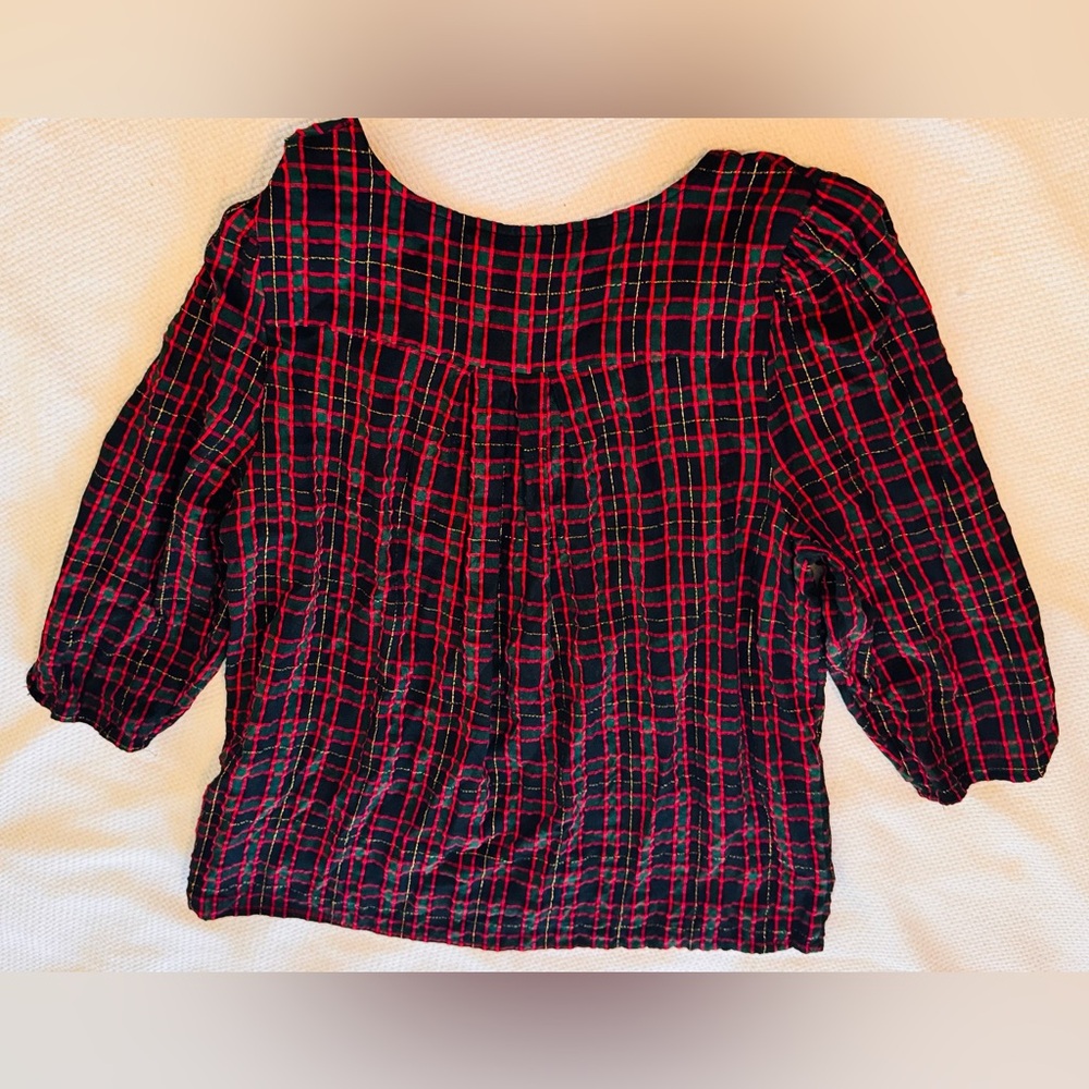 LOFT Black Red Green Gold Plaid V-Neck Blouse Puff Sleeve Top Women’s Shirt - Picture 8 of 16